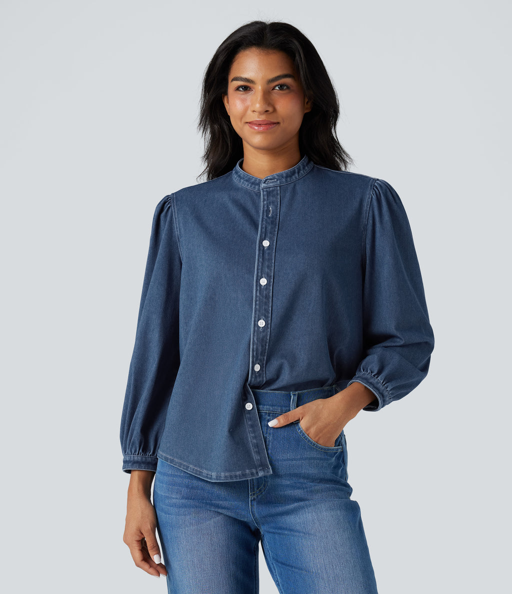 Stand Collar Puff 3/4 Sleeve Denim Casual Shirt — Estate Blue Denim — view 1