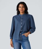 Stand Collar Puff 3/4 Sleeve Denim Casual Shirt — Estate Blue Denim — view 1