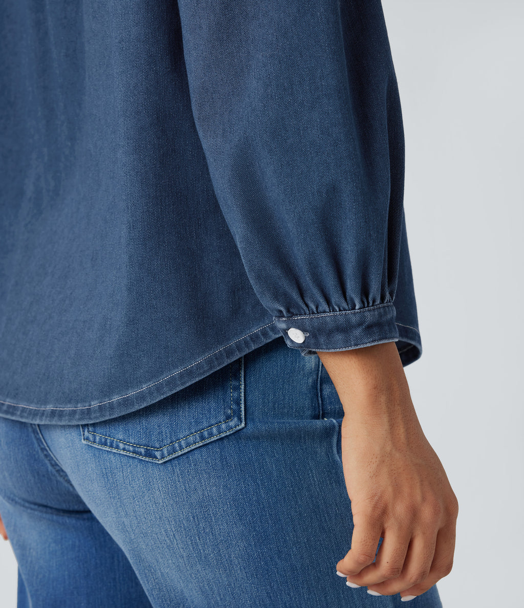 Stand Collar Puff 3/4 Sleeve Denim Casual Shirt — Estate Blue Denim — view 6