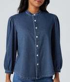 Stand Collar Puff 3/4 Sleeve Denim Casual Shirt — Estate Blue Denim — view 5
