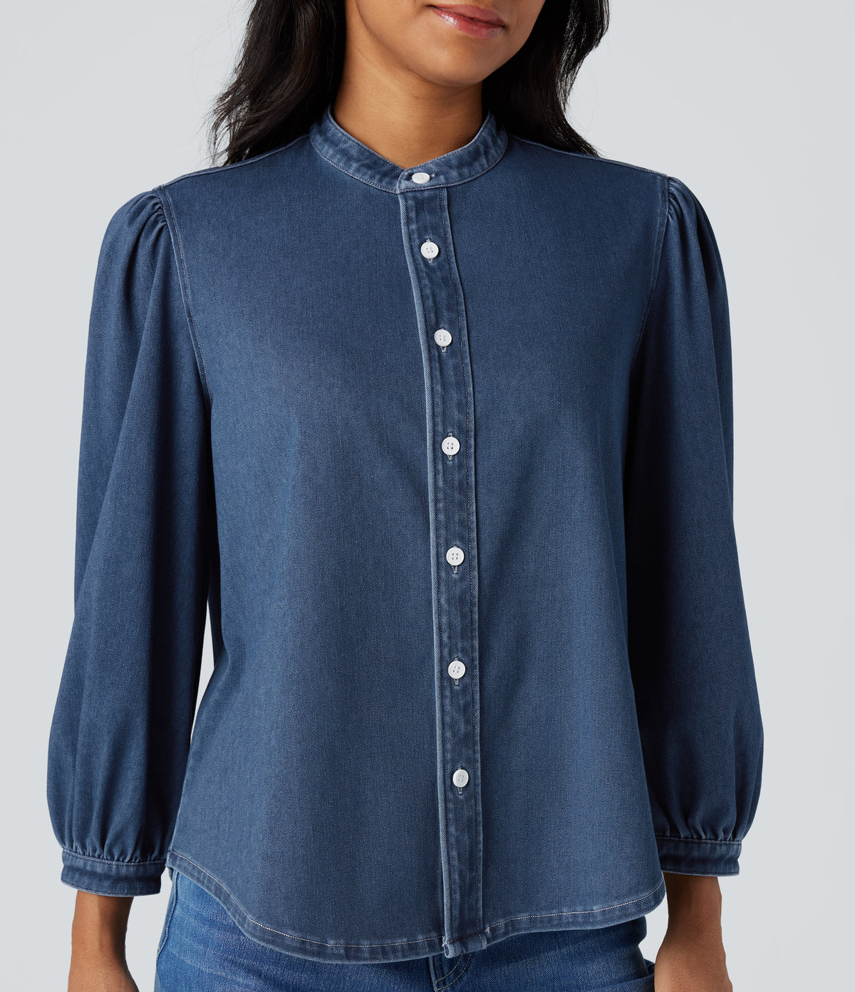 Stand Collar Puff 3/4 Sleeve Denim Casual Shirt — Estate Blue Denim — view 5