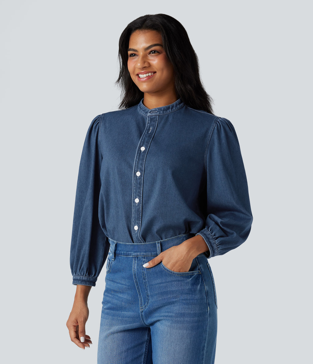 Stand Collar Puff 3/4 Sleeve Denim Casual Shirt — Estate Blue Denim — view 3