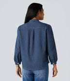 Stand Collar Puff 3/4 Sleeve Denim Casual Shirt — Estate Blue Denim — view 2