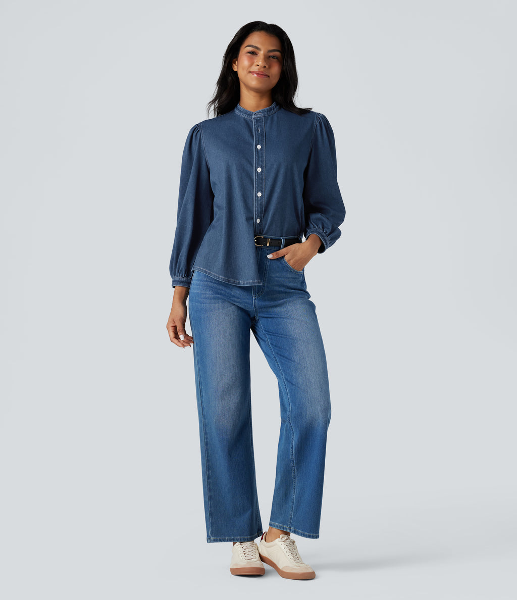 Stand Collar Puff 3/4 Sleeve Denim Casual Shirt — Estate Blue Denim — view 7