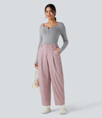 High Waisted Barrel Leg Casual Trousers with Pockets — Lilac Pink — view 6