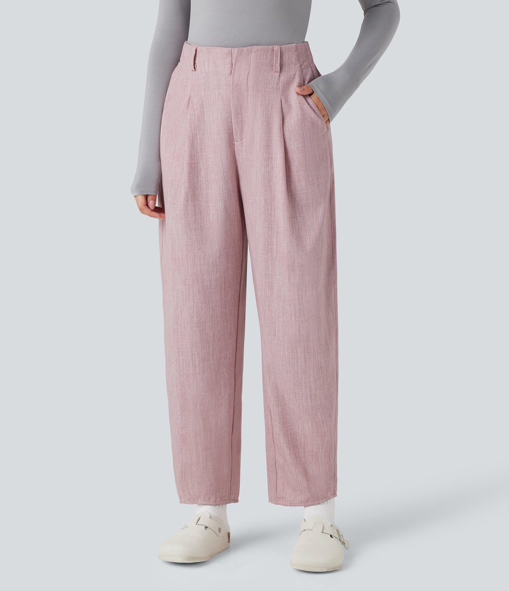 High Waisted Barrel Leg Casual Trousers with Pockets — Lilac Pink — view 3