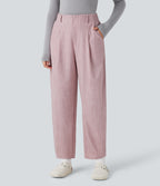 High Waisted Barrel Leg Casual Trousers with Pockets — Lilac Pink — view 3