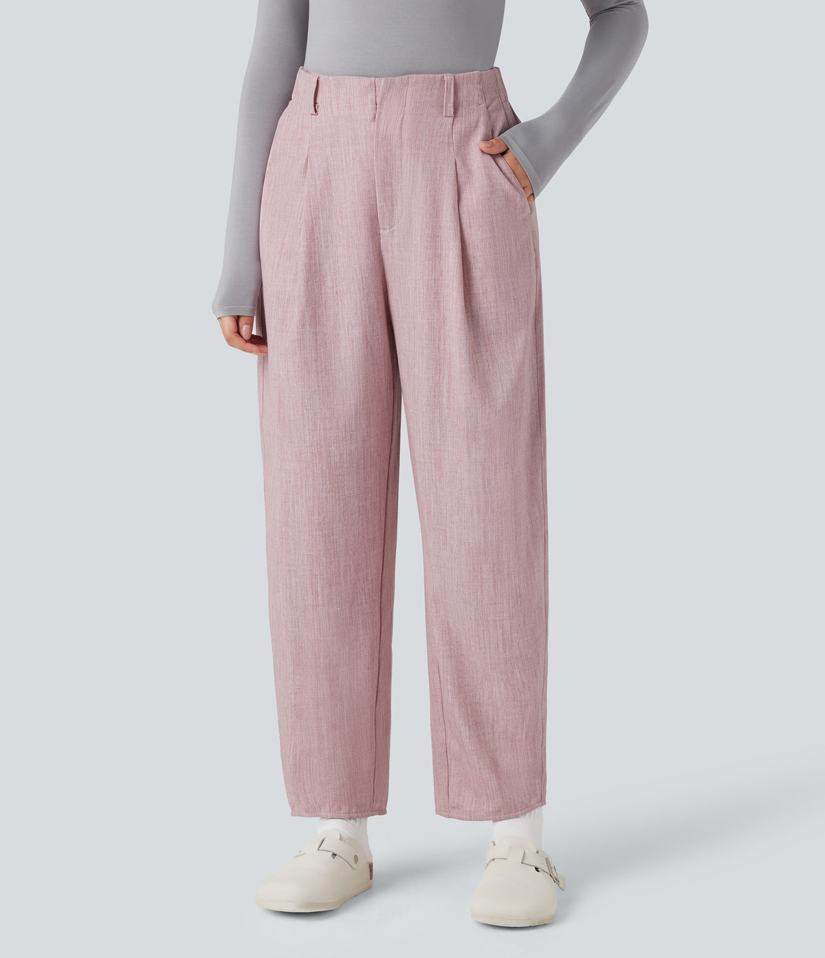High Waisted Barrel Leg Casual Trousers with Pockets — Lilac Pink — view 3