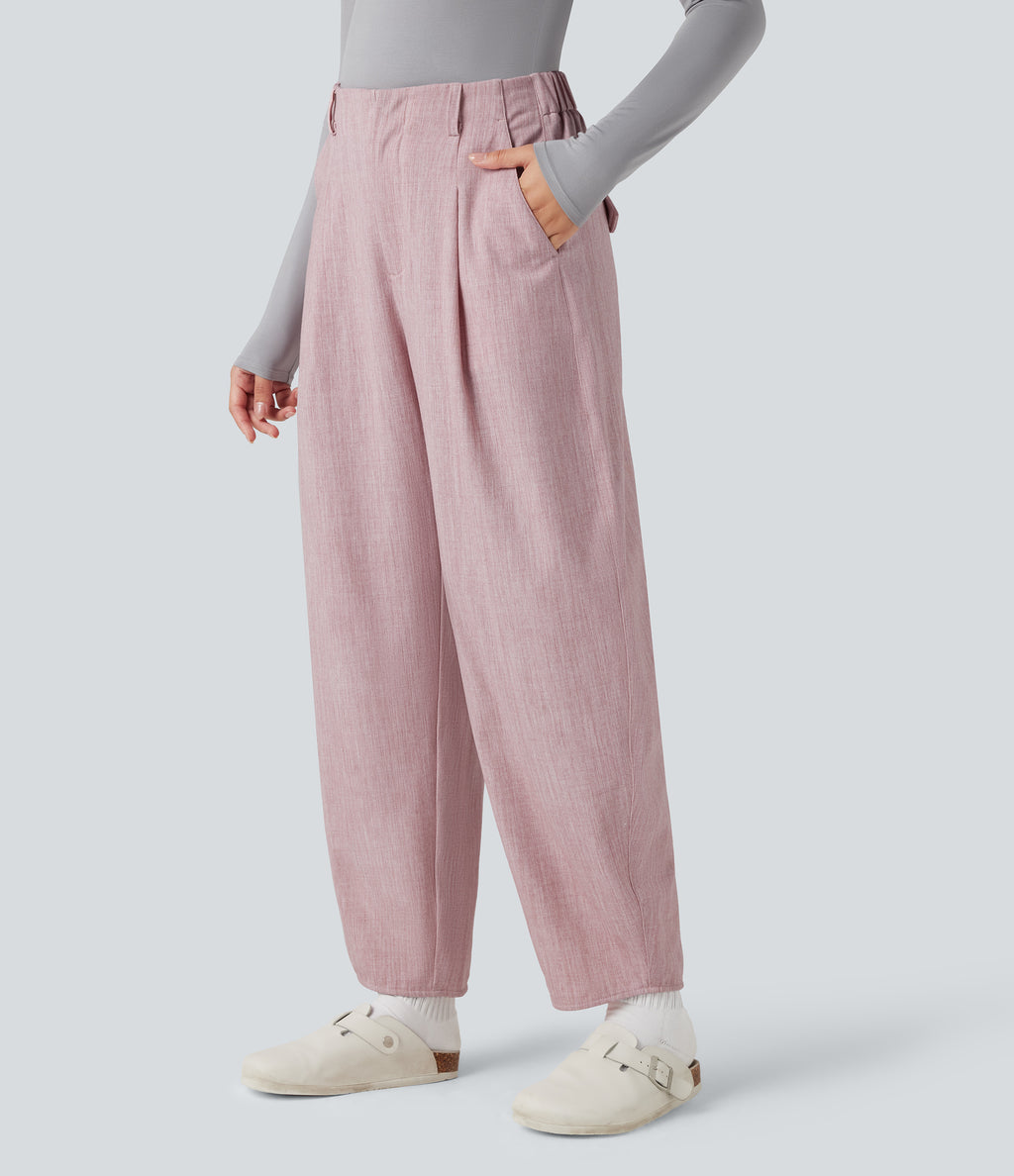 High Waisted Barrel Leg Casual Trousers with Pockets — Lilac Pink — view 1