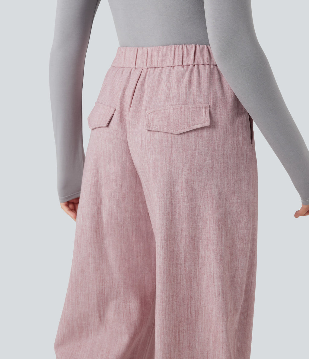 High Waisted Barrel Leg Casual Trousers with Pockets — Lilac Pink — view 5