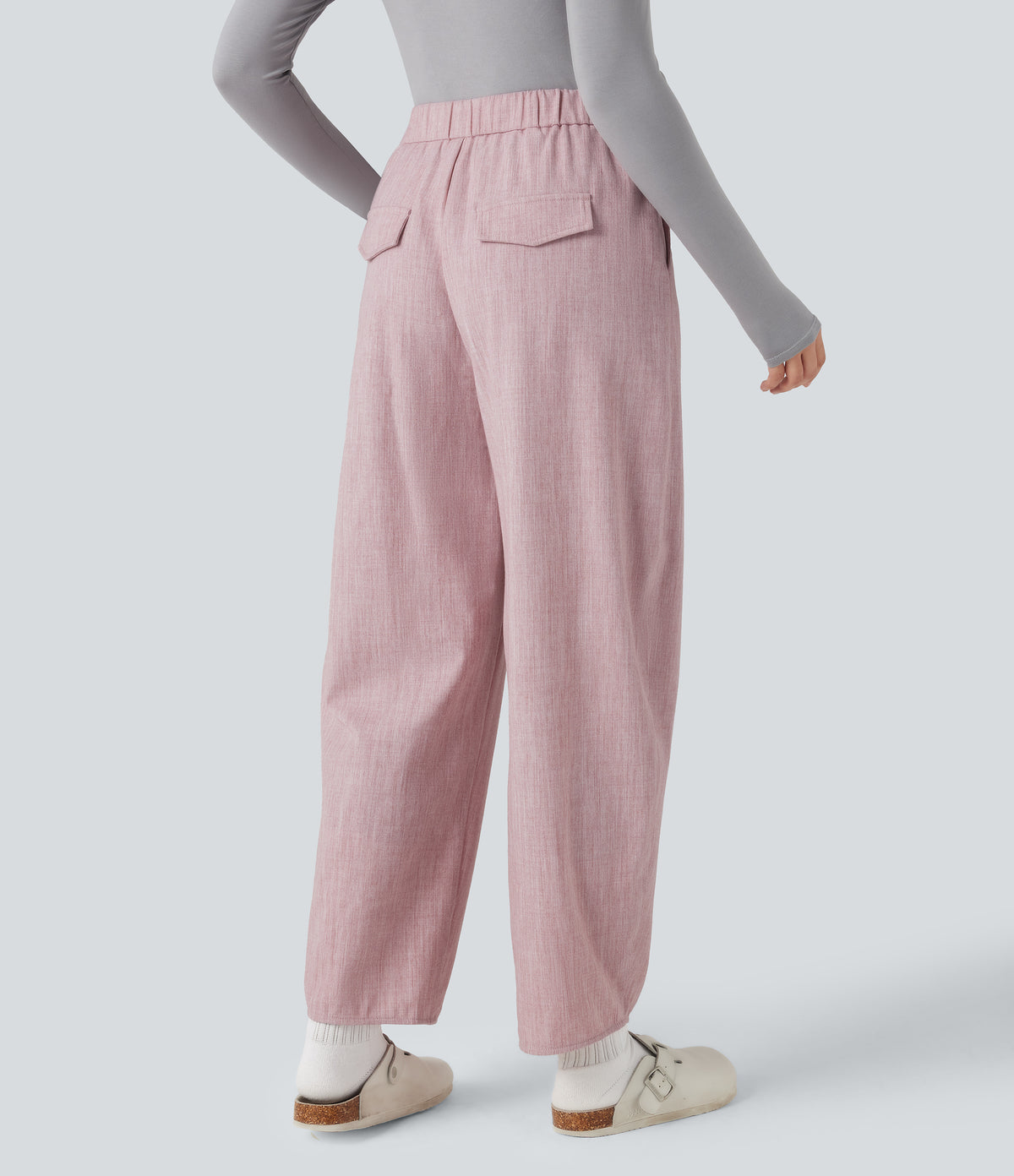 High Waisted Barrel Leg Casual Trousers with Pockets — Lilac Pink — view 2