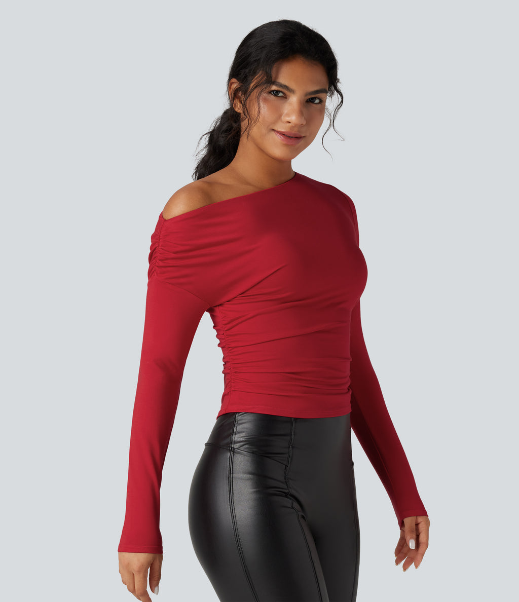 One-shoulder Long Sleeve Ruched Casual Top — Haute Red — view 4