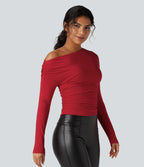 One-shoulder Long Sleeve Ruched Casual Top — Haute Red — view 4