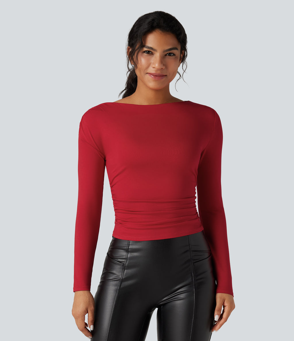 One-shoulder Long Sleeve Ruched Casual Top — Haute Red — view 7