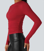 One-shoulder Long Sleeve Ruched Casual Top — Haute Red — view 5