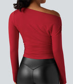 One-shoulder Long Sleeve Ruched Casual Top — Haute Red — view 6