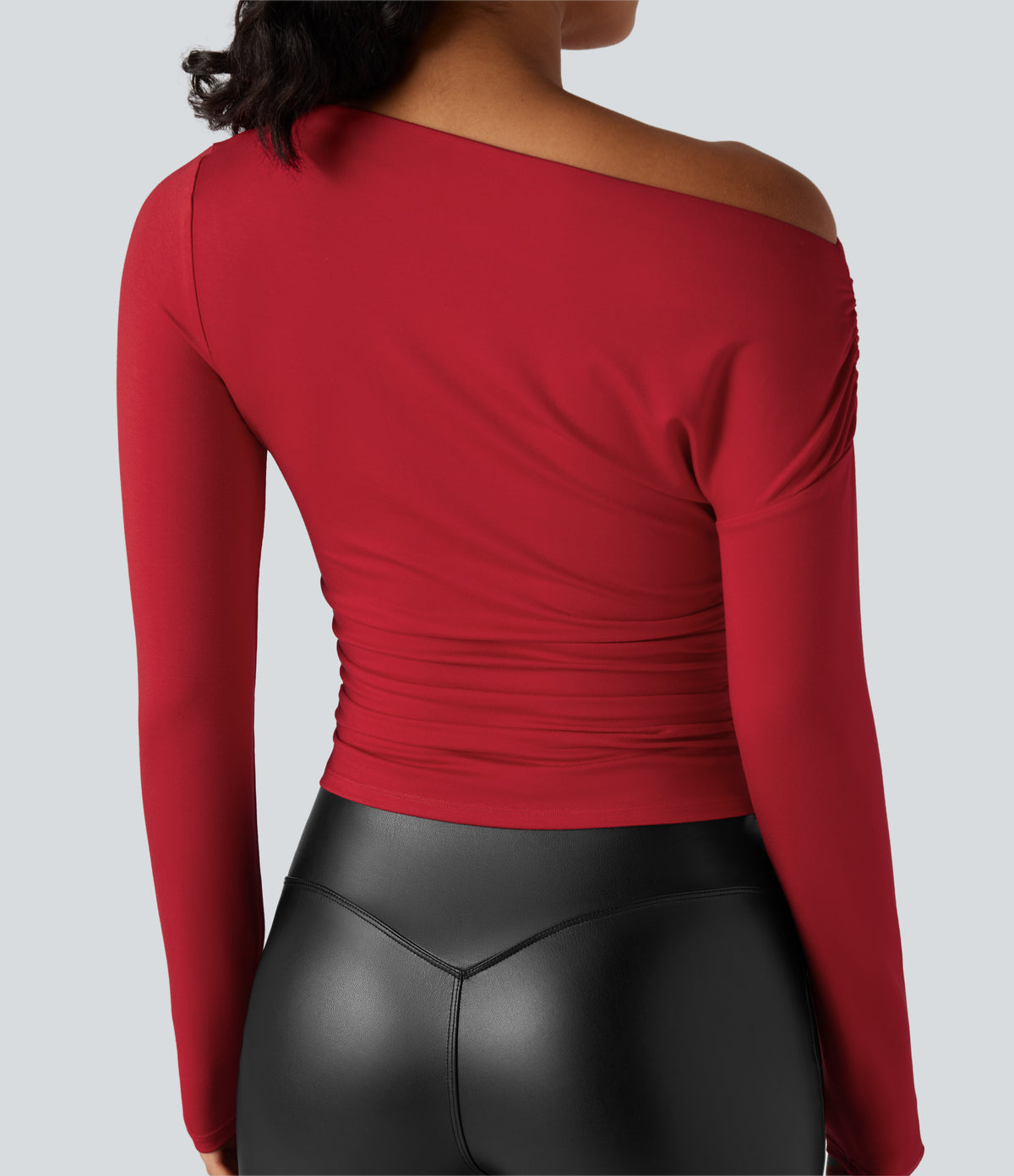 One-shoulder Long Sleeve Ruched Casual Top — Haute Red — view 6
