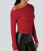 One-shoulder Long Sleeve Ruched Casual Top — Haute Red — view 1