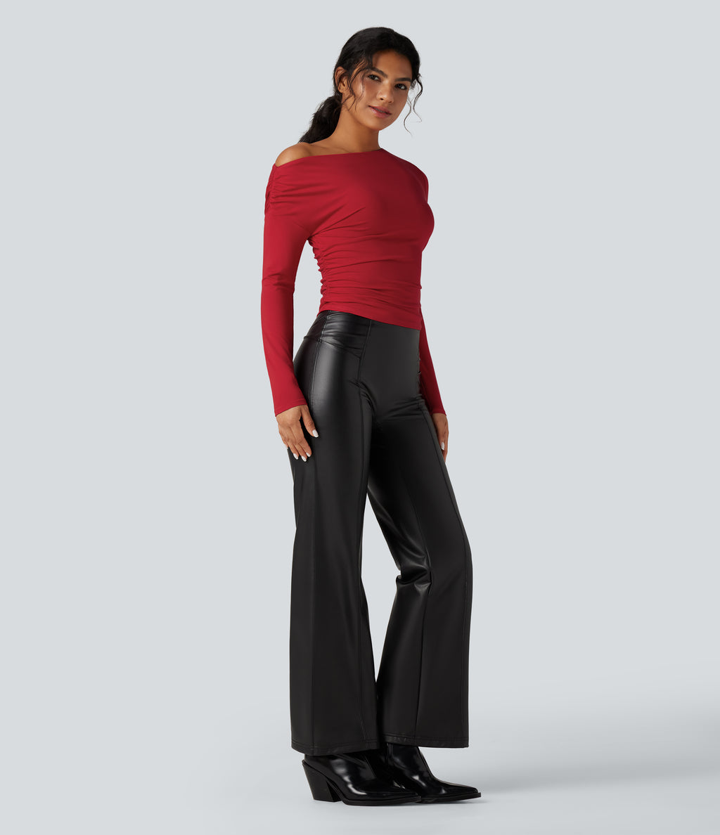 One-shoulder Long Sleeve Ruched Casual Top — Haute Red — view 8