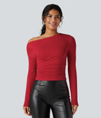 One-shoulder Long Sleeve Ruched Casual Top — Haute Red — view 2