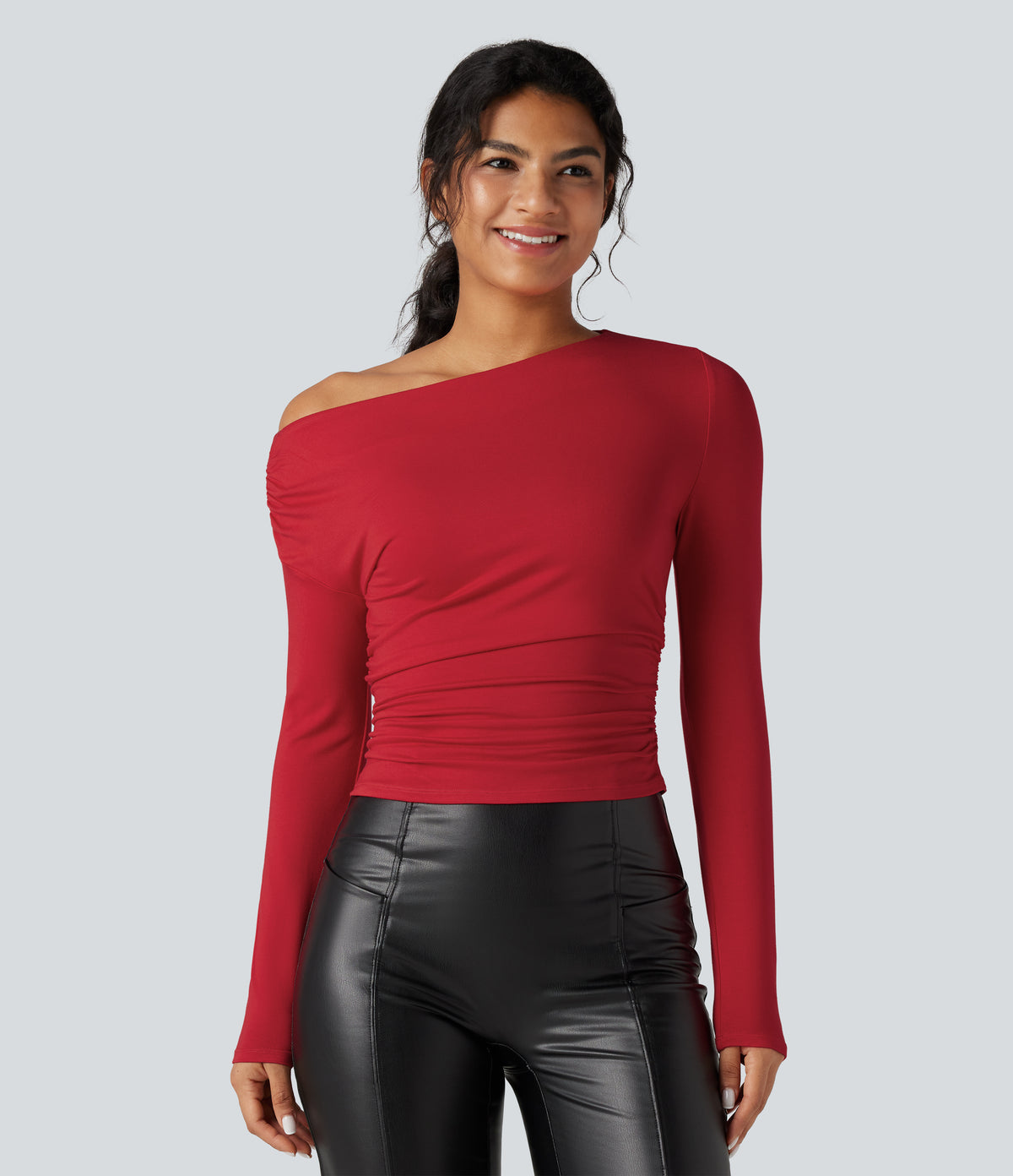 One-shoulder Long Sleeve Ruched Casual Top — Haute Red — view 2