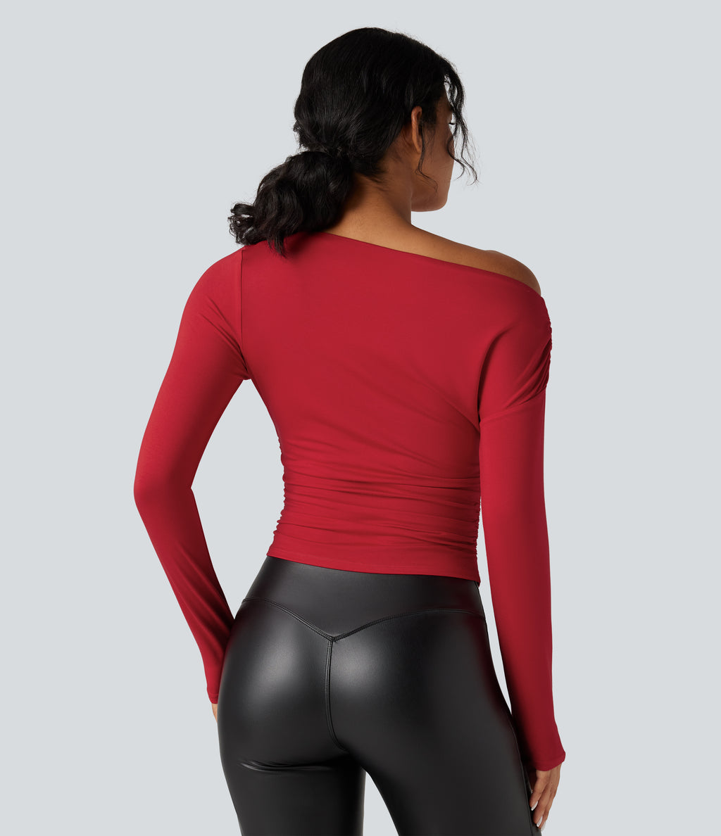 One-shoulder Long Sleeve Ruched Casual Top — Haute Red — view 3