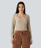 U-Neck Long Sleeve Cropped Casual Jumper — Irish Cream — view 3
