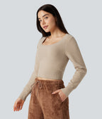 U-Neck Long Sleeve Cropped Casual Jumper — Irish Cream — view 1