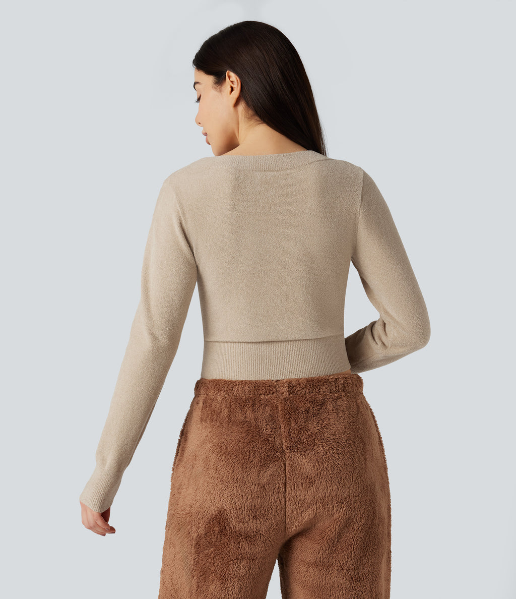 U-Neck Long Sleeve Cropped Casual Jumper — Irish Cream — view 2