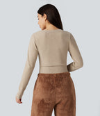 U-Neck Long Sleeve Cropped Casual Jumper — Irish Cream — view 2