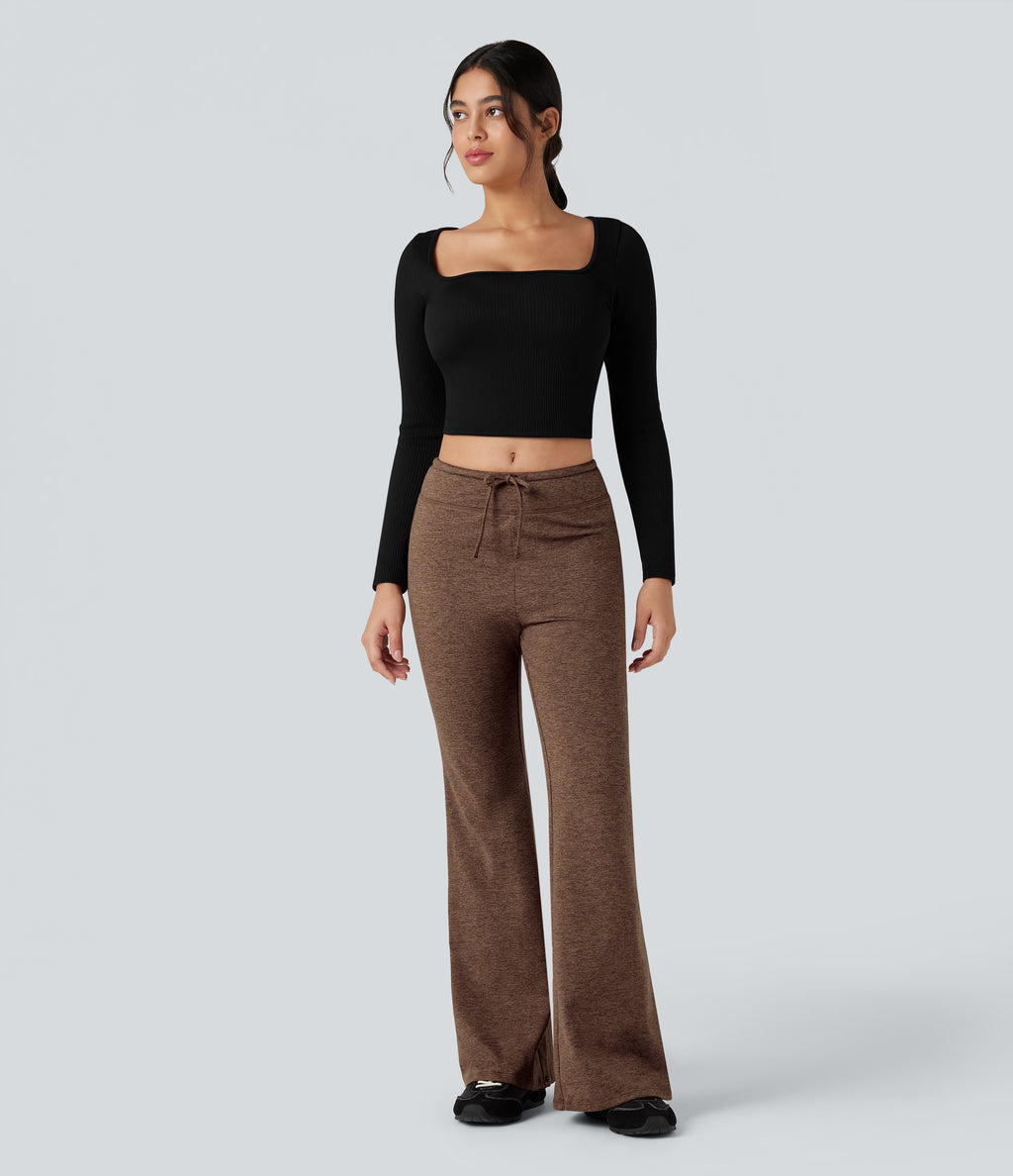 Mid Rise Drawstring Quick Dry Fleece Heathered Warming Flared Lounging Trousers-UPF40+ — Claystone — view 6