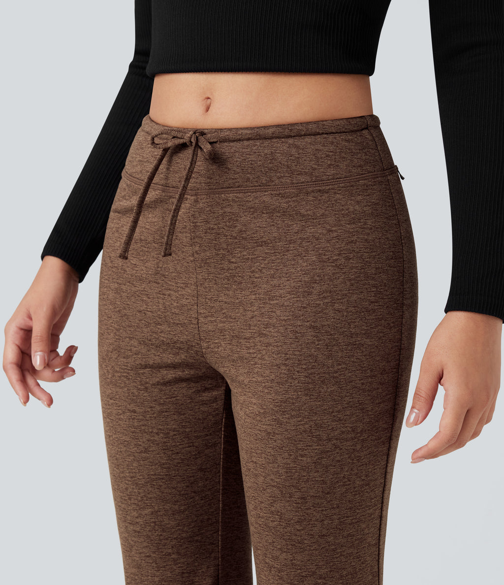 Mid Rise Drawstring Quick Dry Fleece Heathered Warming Flared Lounging Trousers-UPF40+ — Claystone — view 4