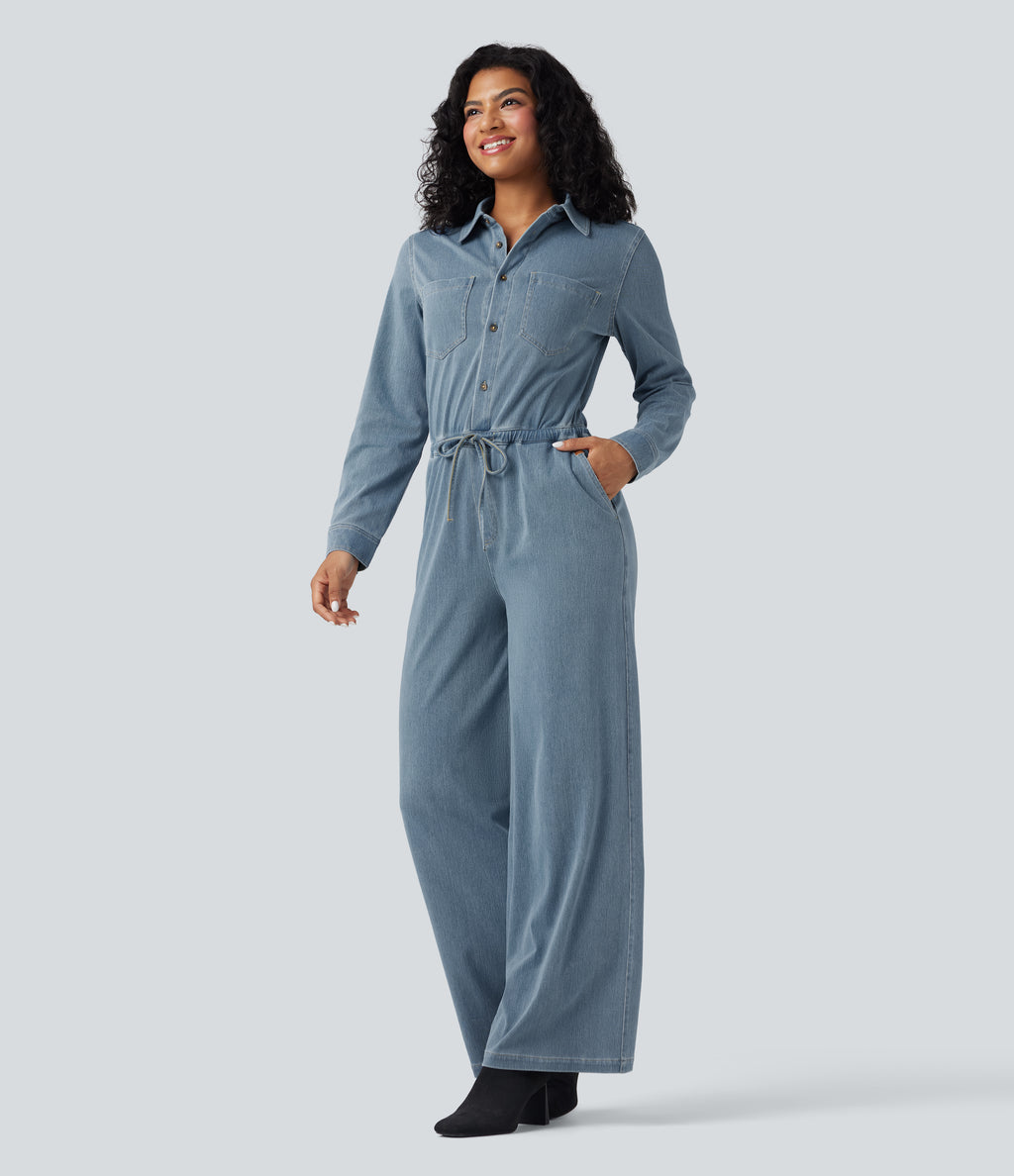 Long Sleeve Drawstring Wide Leg Washed Denim Casual Jumpsuit with Pockets-Edition — Blue Jasper Denim — view 3