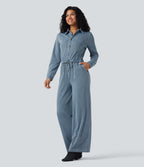 Long Sleeve Drawstring Wide Leg Washed Denim Casual Jumpsuit with Pockets-Edition — Blue Jasper Denim — view 3