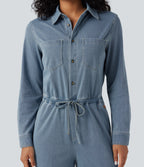 Long Sleeve Drawstring Wide Leg Washed Denim Casual Jumpsuit with Pockets-Edition — Blue Jasper Denim — view 4