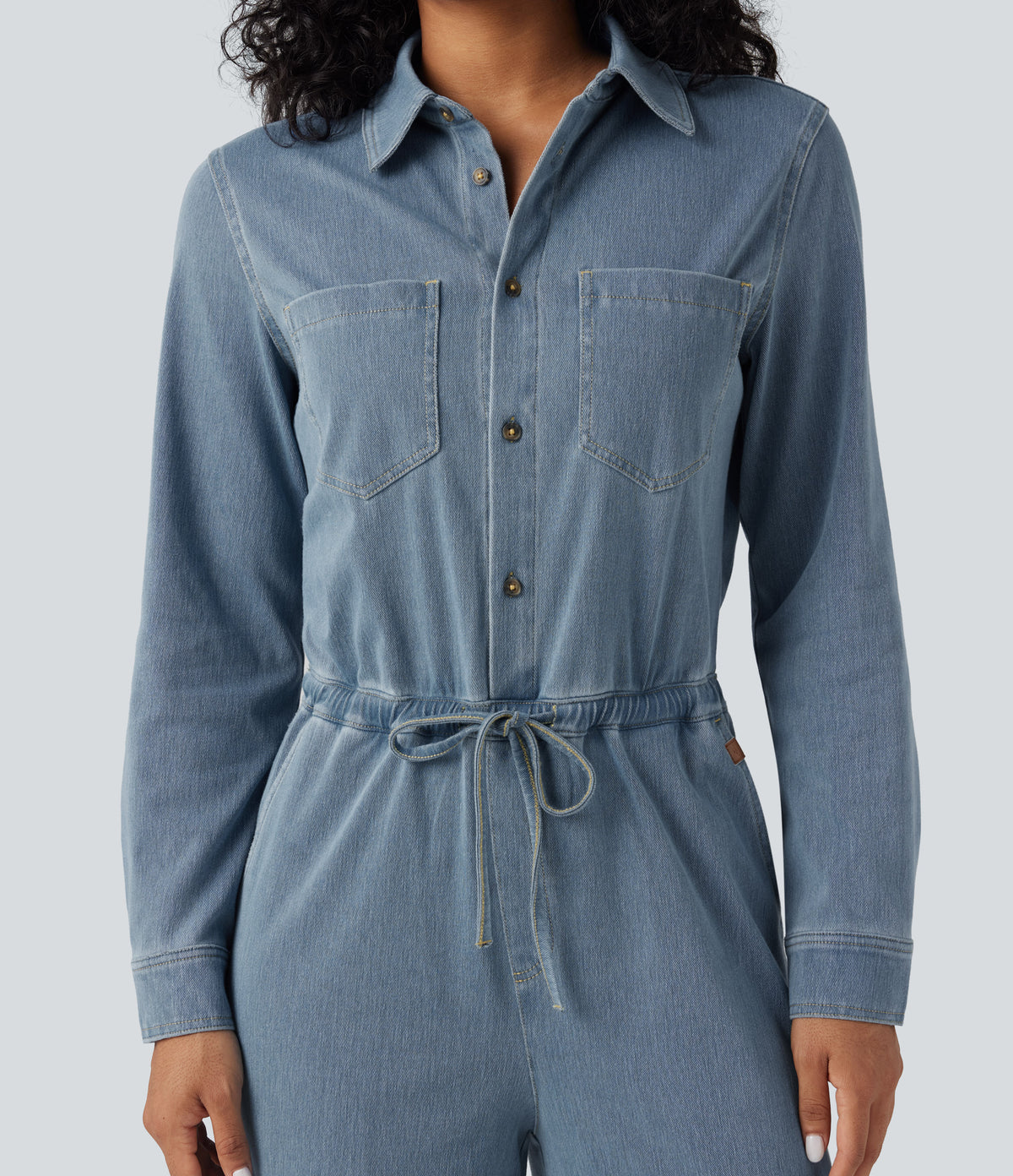Long Sleeve Drawstring Wide Leg Washed Denim Casual Jumpsuit with Pockets-Edition — Blue Jasper Denim — view 4