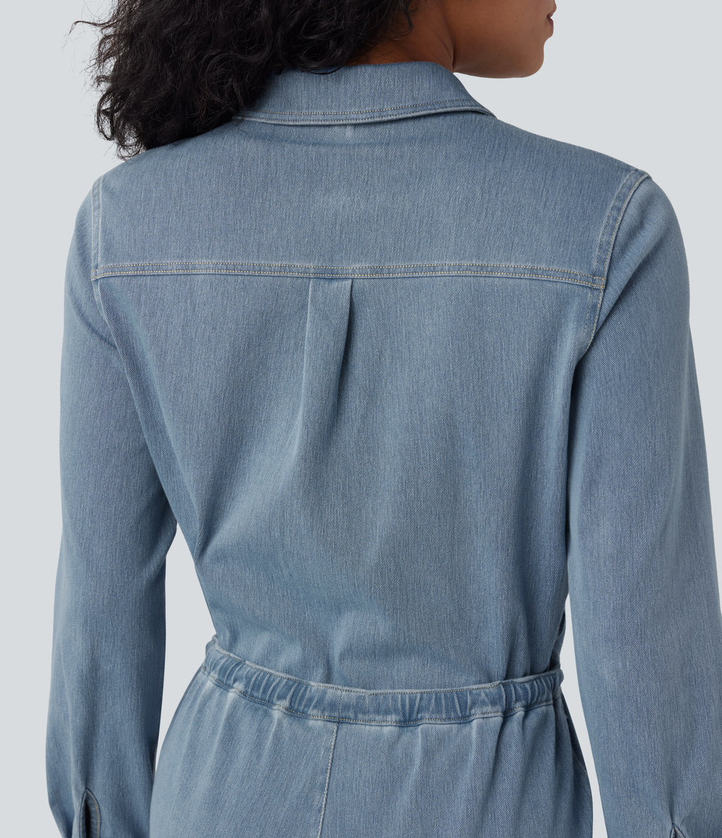 Long Sleeve Drawstring Wide Leg Washed Denim Casual Jumpsuit with Pockets-Edition — Blue Jasper Denim — view 5