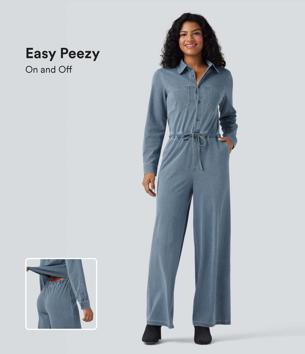 Long Sleeve Drawstring Wide Leg Washed Denim Casual Jumpsuit with Pockets-Edition — Blue Jasper Denim — view 1
