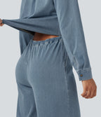 Long Sleeve Drawstring Wide Leg Washed Denim Casual Jumpsuit with Pockets-Edition — Blue Jasper Denim — view 6