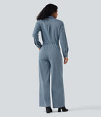 Long Sleeve Drawstring Wide Leg Washed Denim Casual Jumpsuit with Pockets-Edition — Blue Jasper Denim — view 2