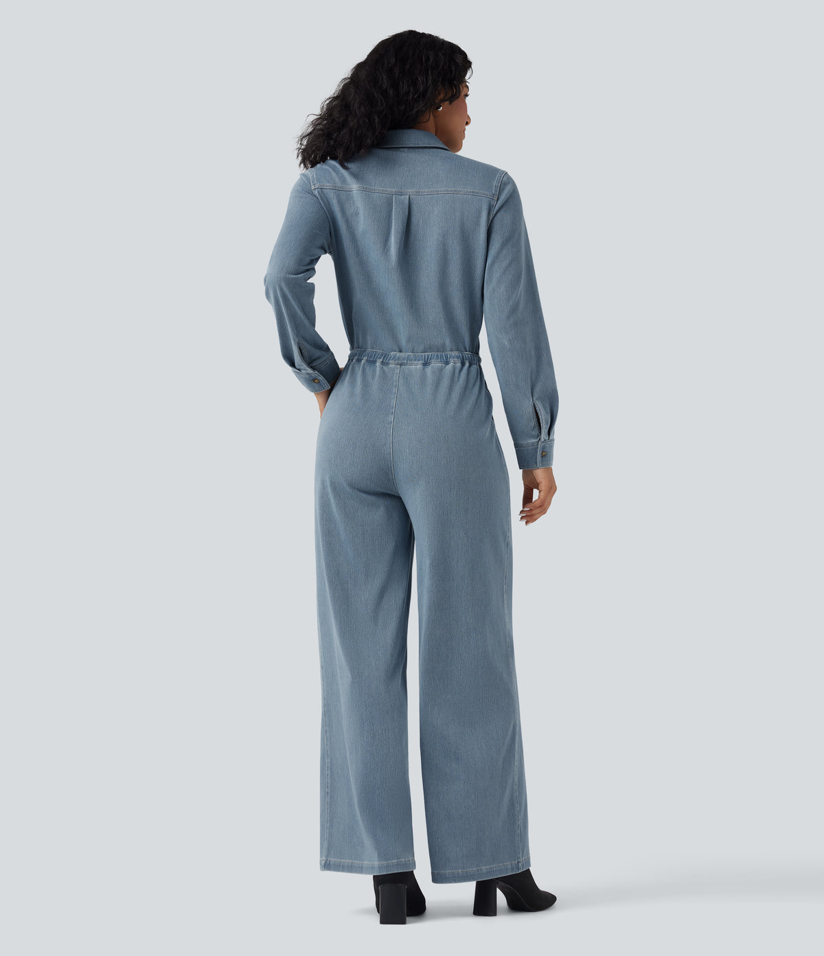 Long Sleeve Drawstring Wide Leg Washed Denim Casual Jumpsuit with Pockets-Edition — Blue Jasper Denim — view 2