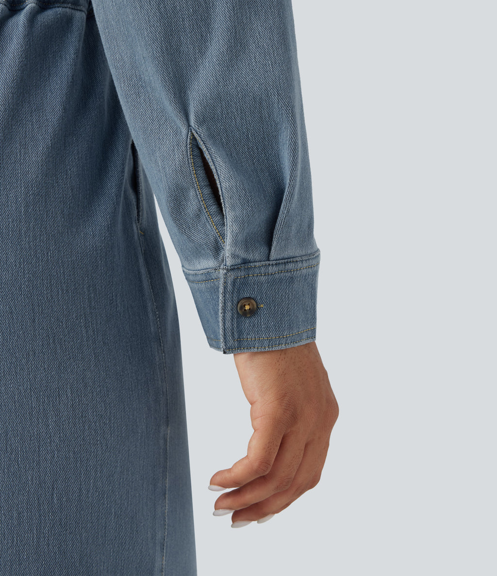Long Sleeve Drawstring Wide Leg Washed Denim Casual Jumpsuit with Pockets-Edition — Blue Jasper Denim — view 8