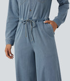Long Sleeve Drawstring Wide Leg Washed Denim Casual Jumpsuit with Pockets-Edition — Blue Jasper Denim — view 7