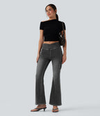 Mid Rise Crossover Denim Bootcut Casual Leggings with Pockets — Poppy Seed Denim — view 7