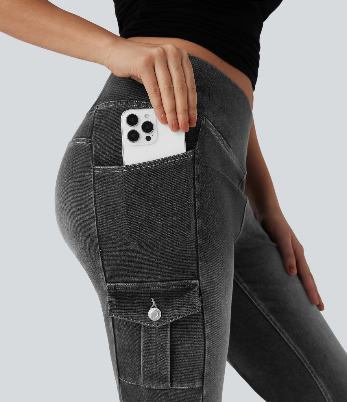 Mid Rise Crossover Denim Bootcut Casual Leggings with Pockets — Poppy Seed Denim — view 4