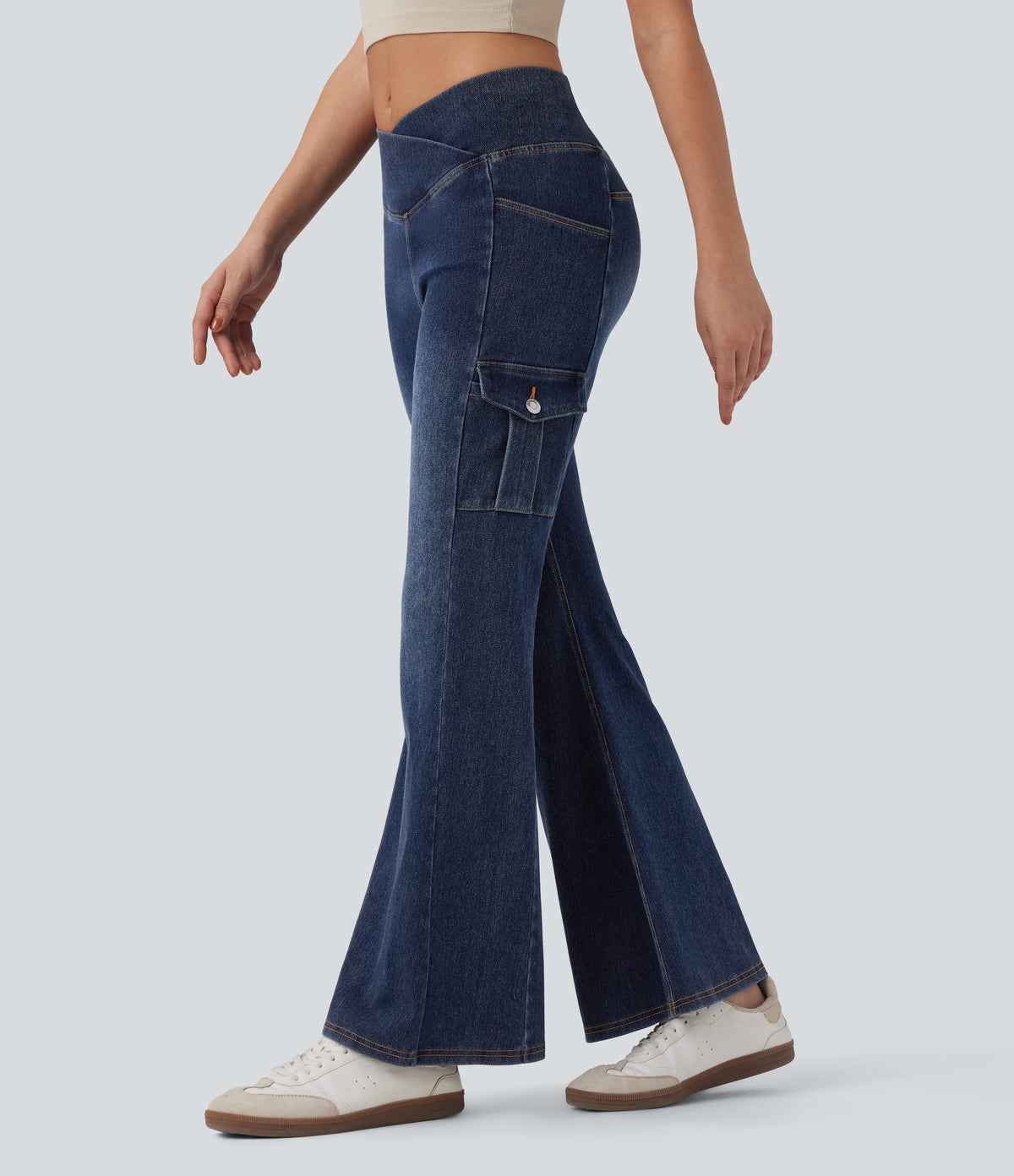 Mid Rise Crossover Denim Bootcut Casual Leggings with Pockets — Estate Blue Denim — view 8