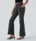 Mid Rise Crossover Denim Bootcut Casual Leggings with Pockets — Poppy Seed Denim — view 2
