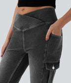 Mid Rise Crossover Denim Bootcut Casual Leggings with Pockets — Poppy Seed Denim — view 5