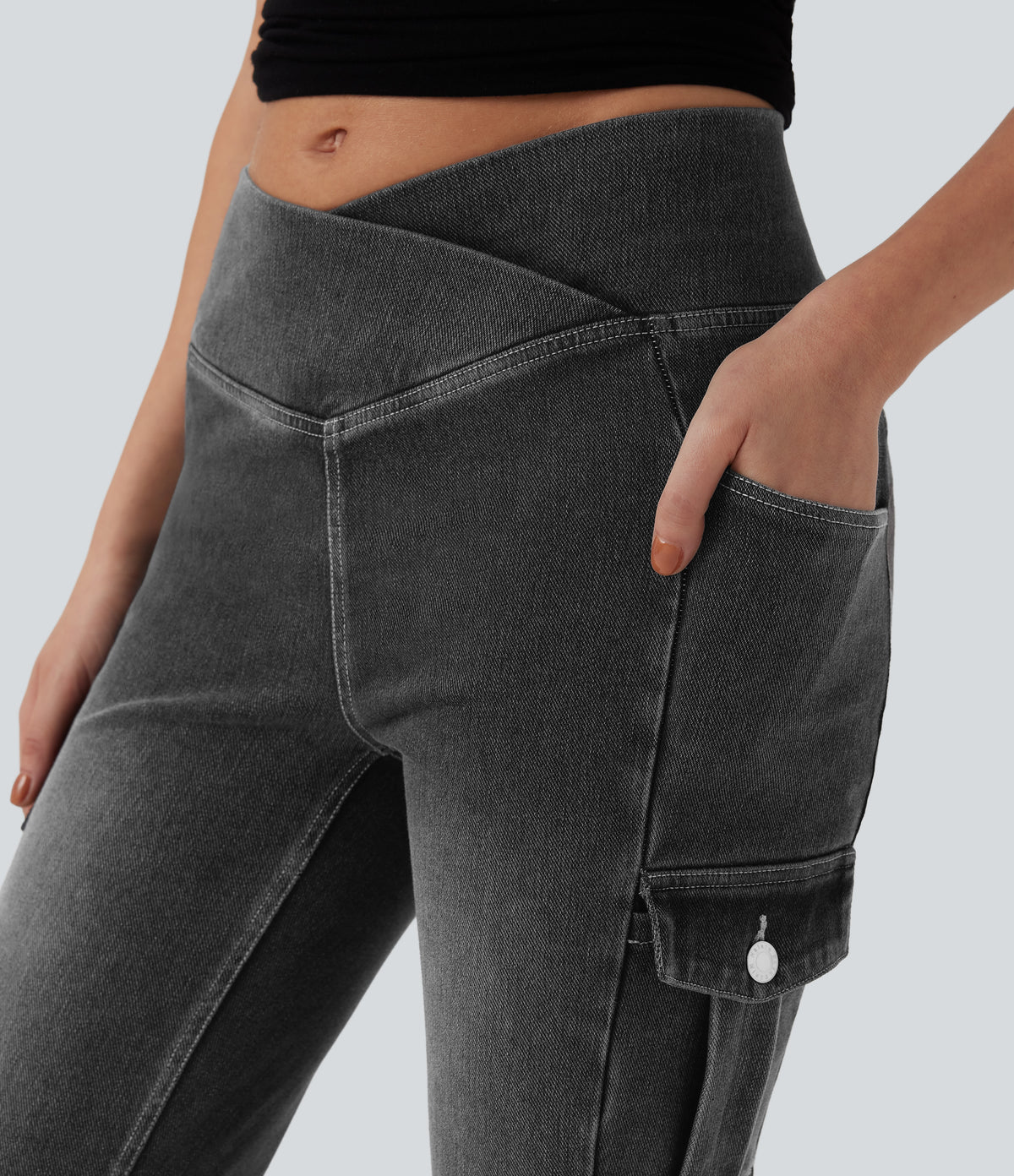 Mid Rise Crossover Denim Bootcut Casual Leggings with Pockets — Poppy Seed Denim — view 5