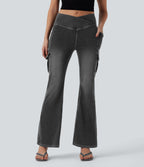 Mid Rise Crossover Denim Bootcut Casual Leggings with Pockets — Poppy Seed Denim — view 3